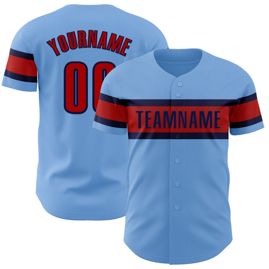 Custom Light Blue Red-Navy Authentic Baseball Jersey - Main View
