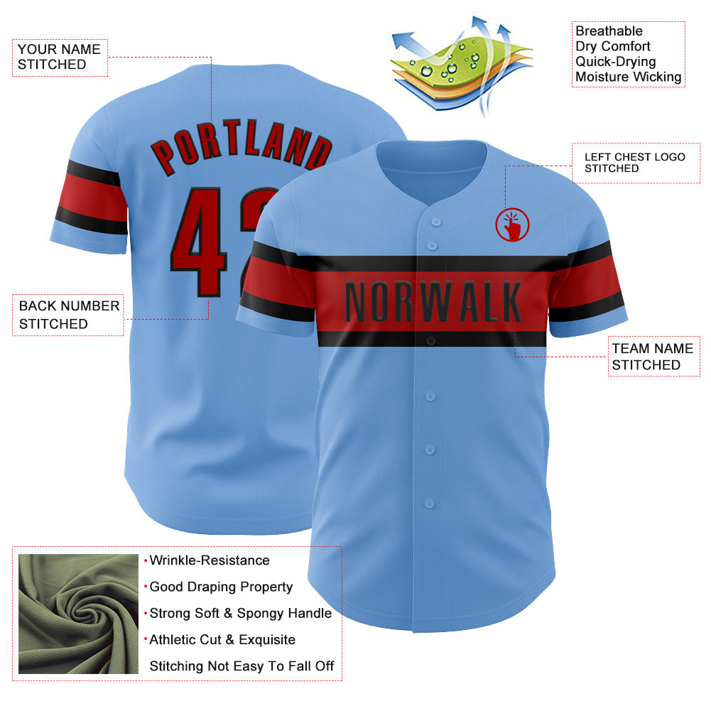 Custom Light Blue Red-Black Authentic Baseball Jersey view 3