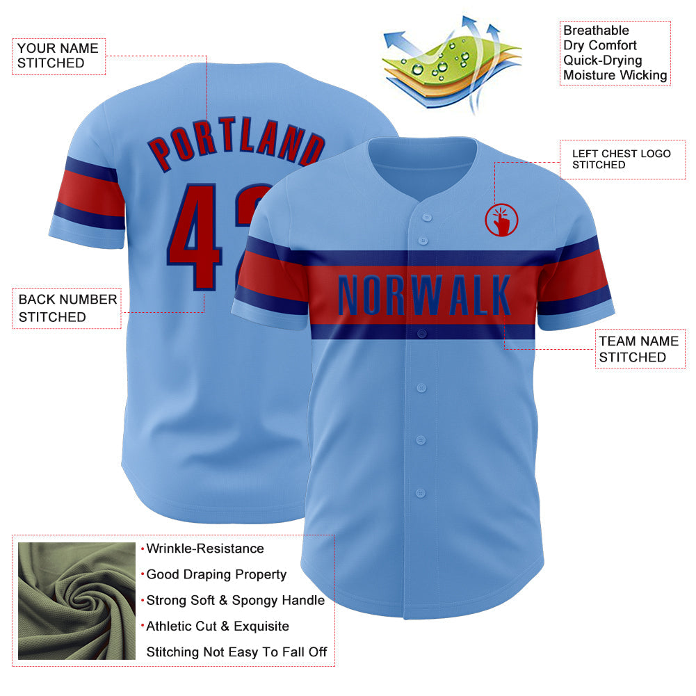Custom Light Blue Red-Royal Authentic Baseball Jersey view 3