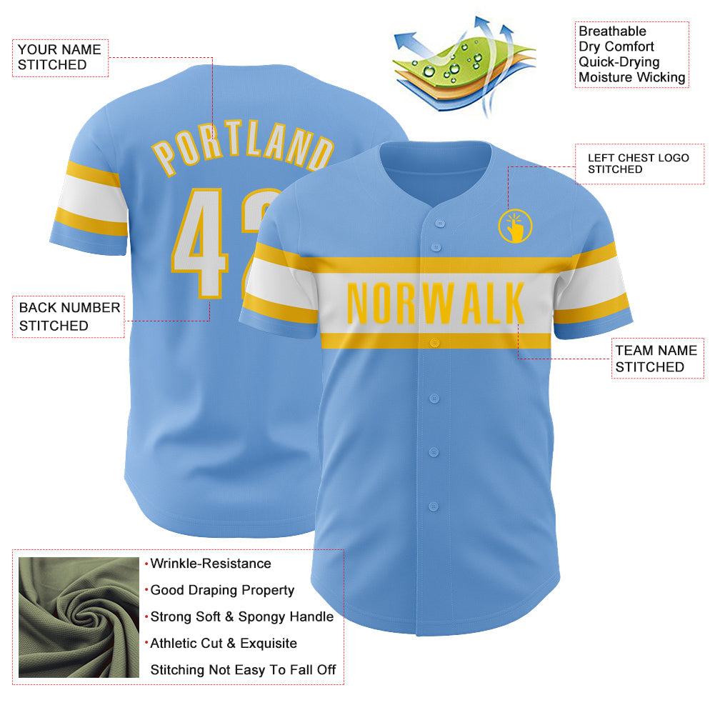 Custom Light Blue White-Yellow Authentic Baseball Jersey view 3