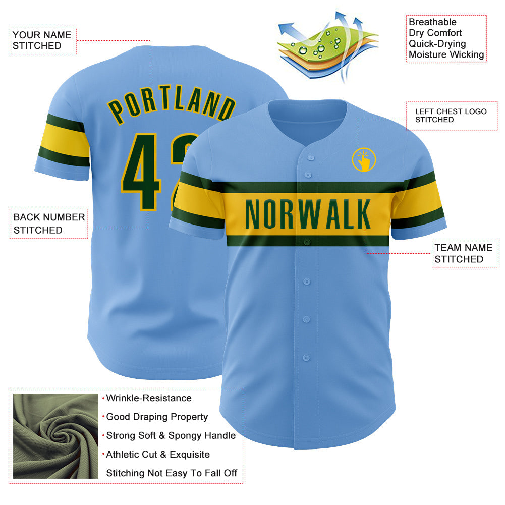 Custom Light Blue Green-Yellow Authentic Baseball Jersey view 3
