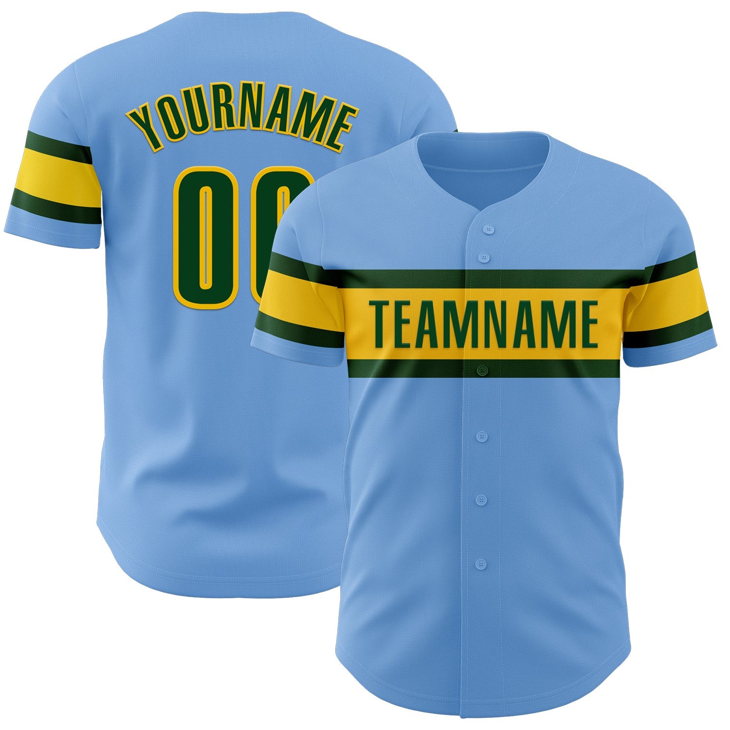 Custom Light Blue Green-Yellow Authentic Baseball Jersey - Main View