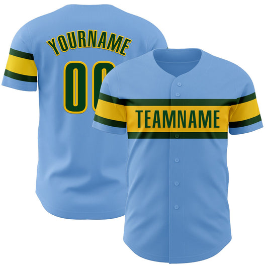 Custom Light Blue Green-Yellow Authentic Baseball Jersey - Main View