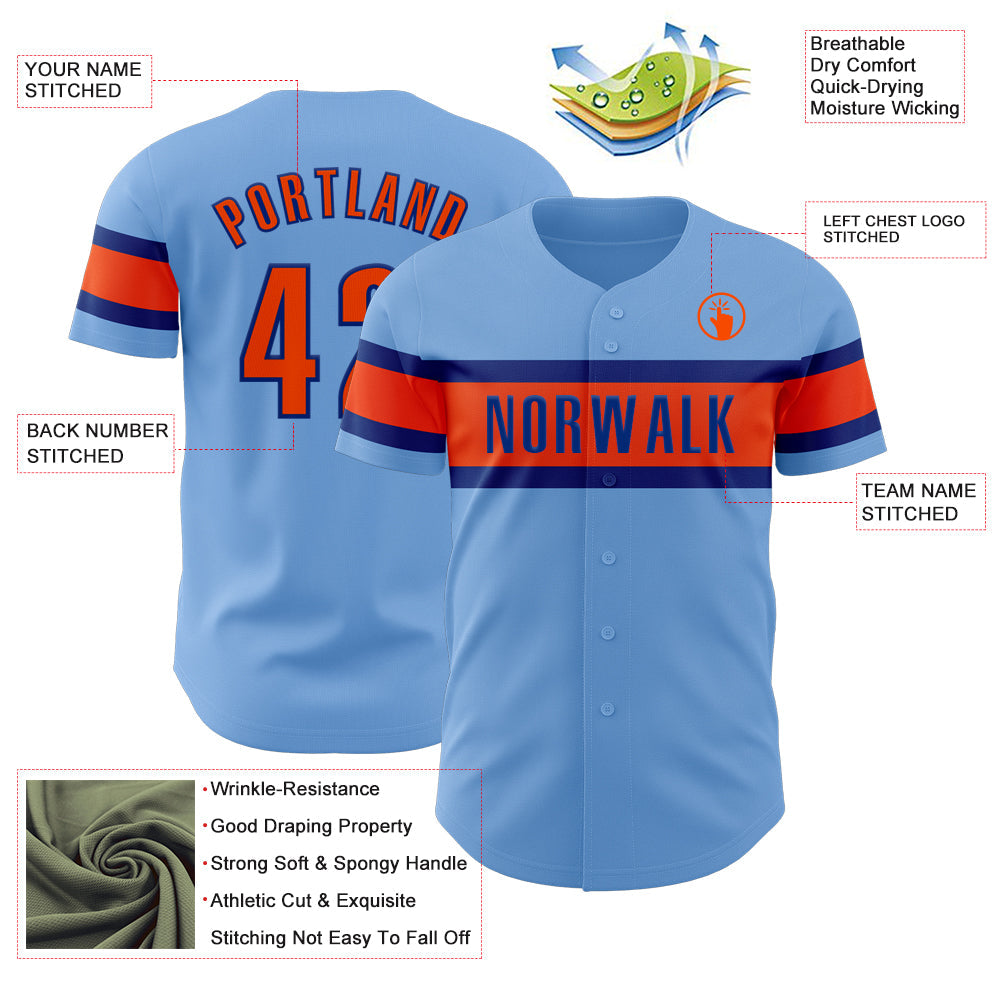 Custom Light Blue Orange-Royal Authentic Baseball Jersey view 3