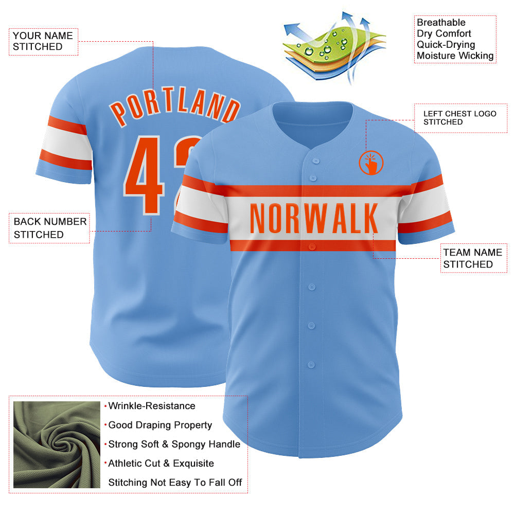 Custom Light Blue Orange-White Authentic Baseball Jersey view 3