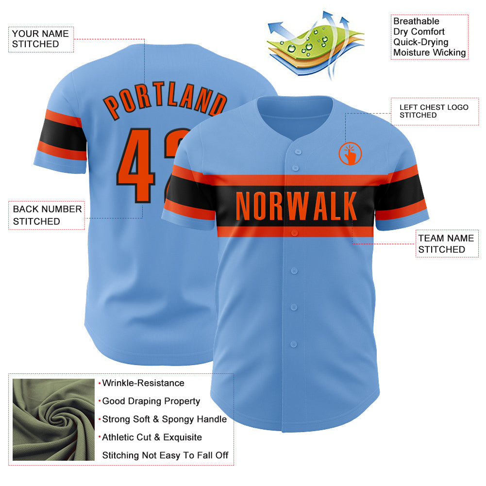 Custom Light Blue Orange-Black Authentic Baseball Jersey view 3