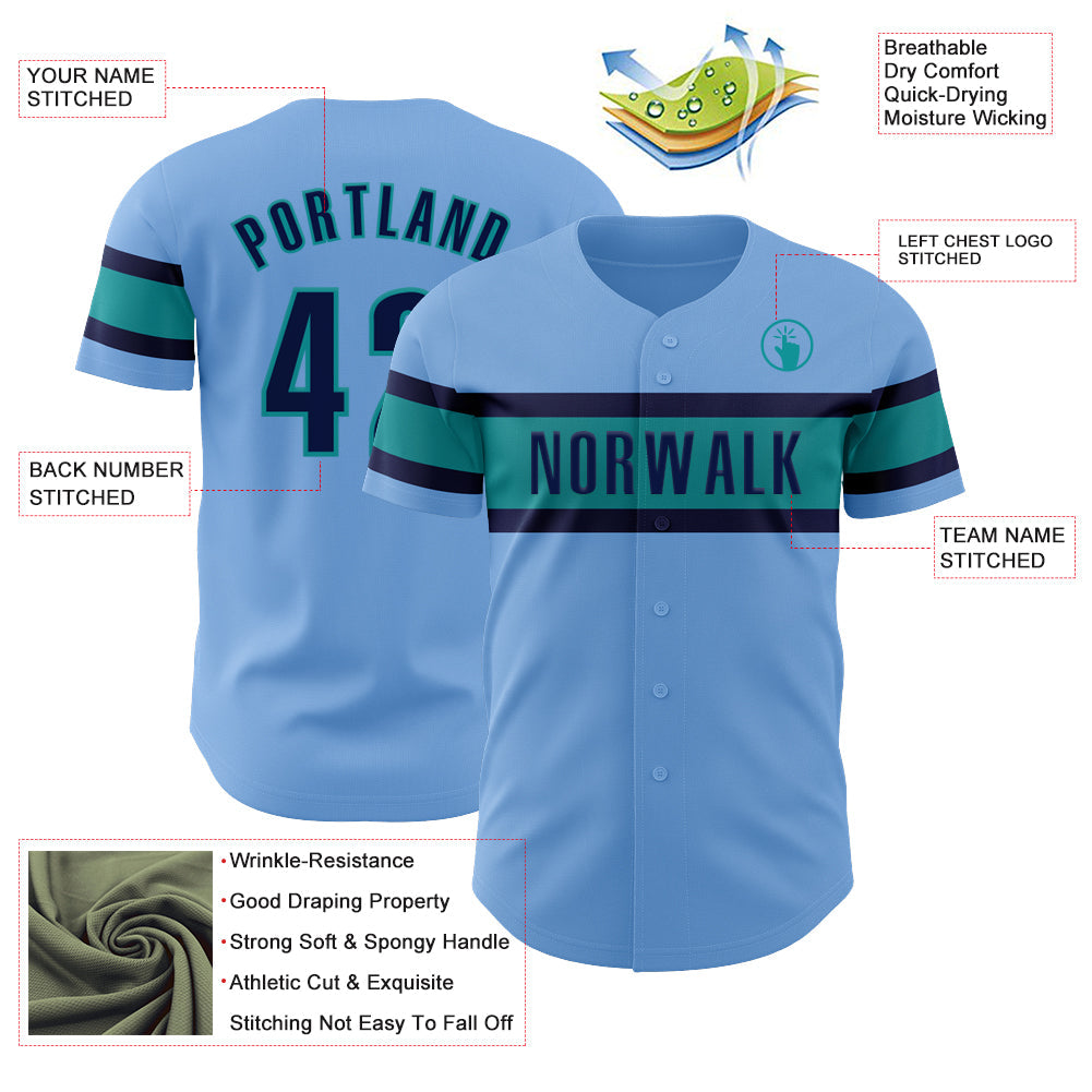 Custom Light Blue Navy-Teal Authentic Baseball Jersey view 3