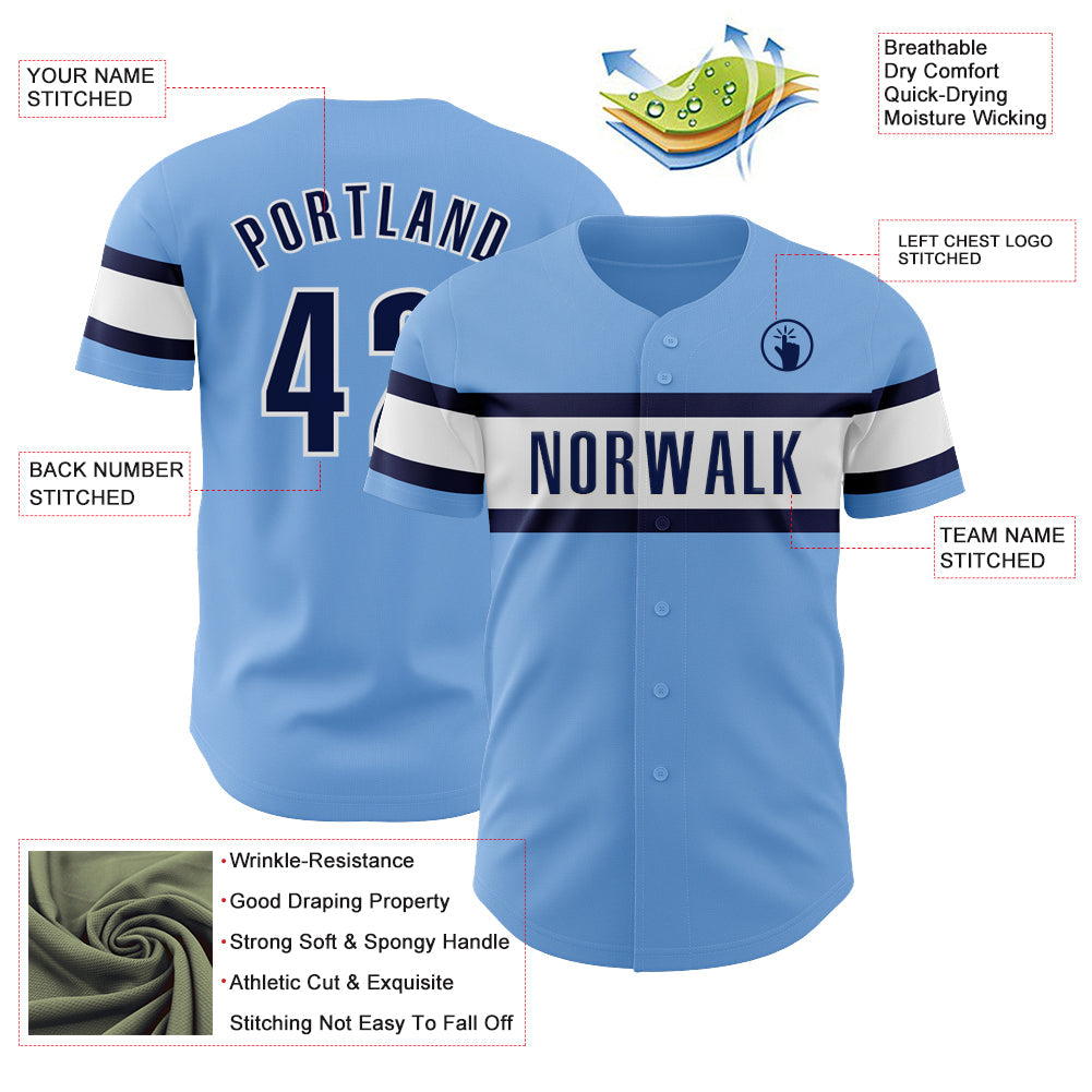 Custom Light Blue Navy-White Authentic Baseball Jersey view 3