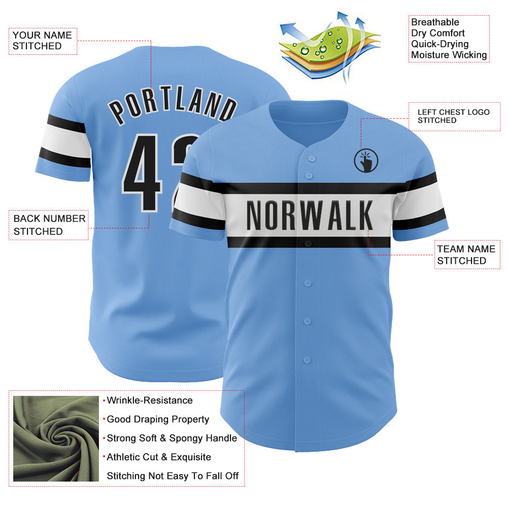 Custom Light Blue Black-White Authentic Baseball Jersey view 3
