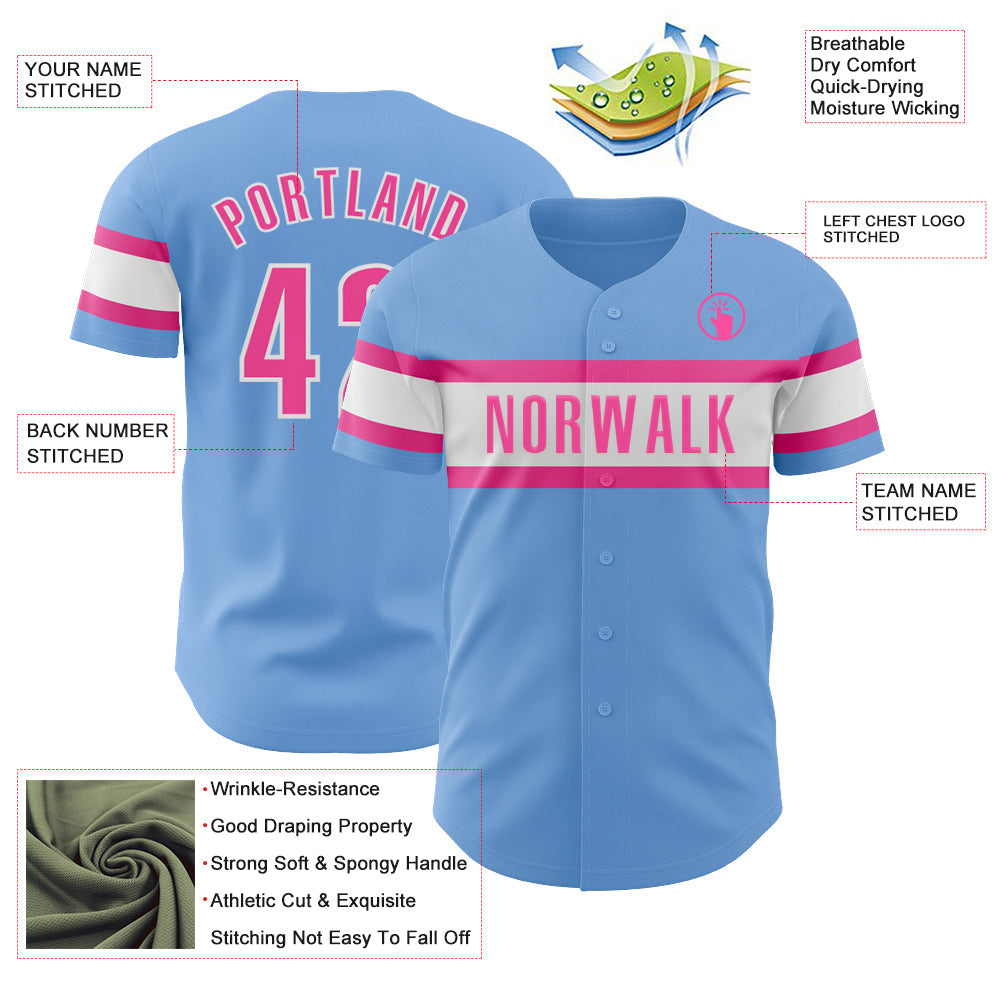 Custom Light Blue Pink-White Authentic Baseball Jersey view 3