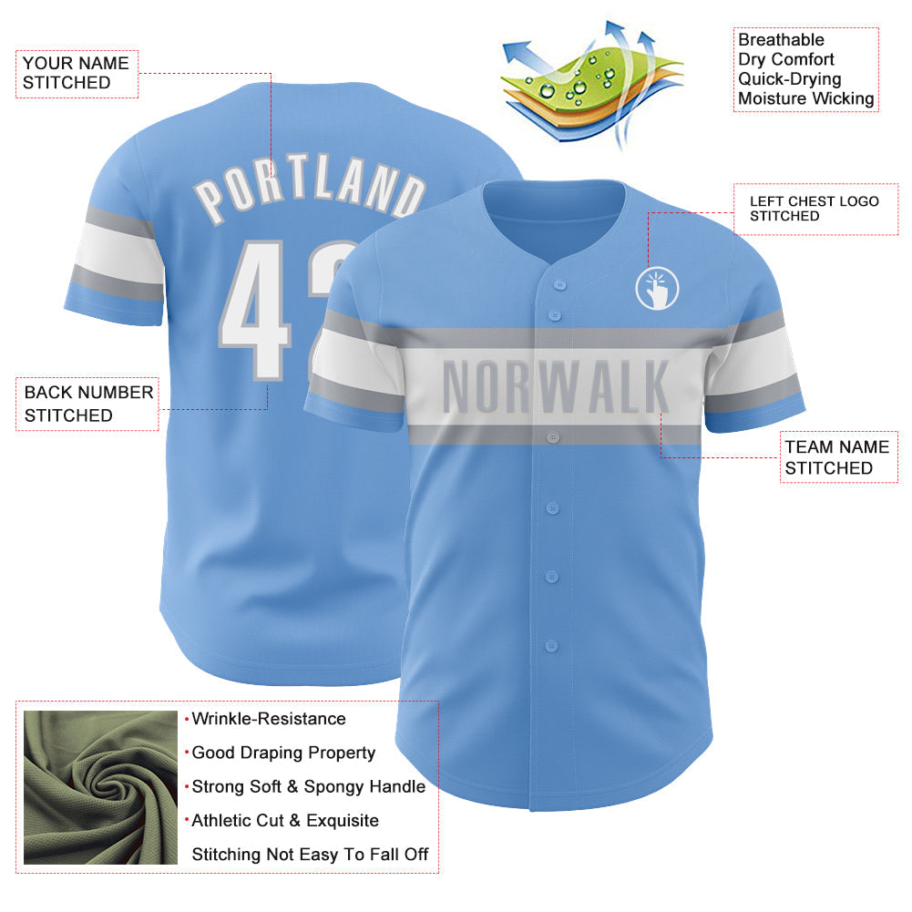 Custom Light Blue White-Gray Authentic Baseball Jersey view 3