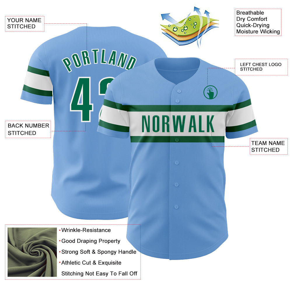 Custom Light Blue Kelly Green-White Authentic Baseball Jersey view 3