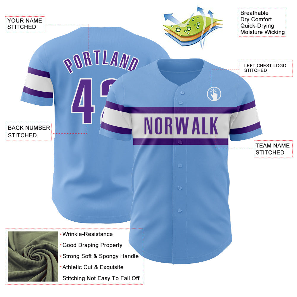 Custom Light Blue Purple-White Authentic Baseball Jersey view 3