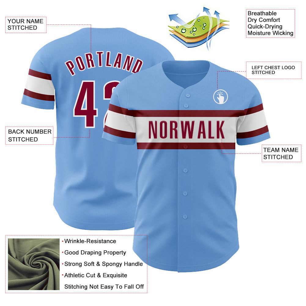 Custom Light Blue Maroon-White Authentic Baseball Jersey view 3