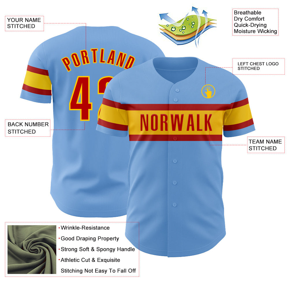 Custom Light Blue Red-Yellow Authentic Baseball Jersey view 3