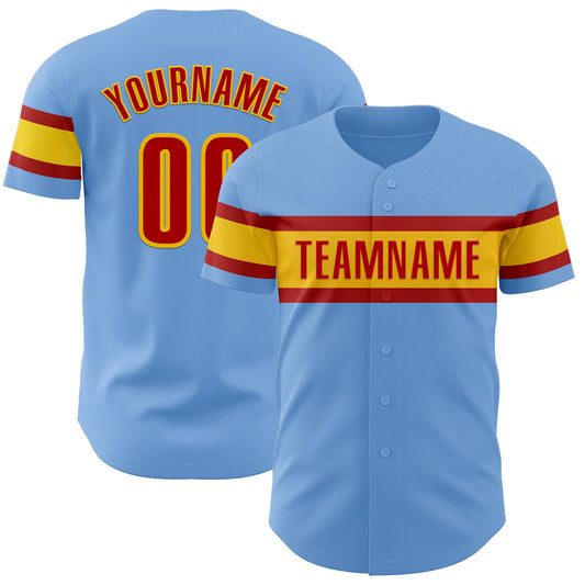 Custom Light Blue Red-Yellow Authentic Baseball Jersey - Main View