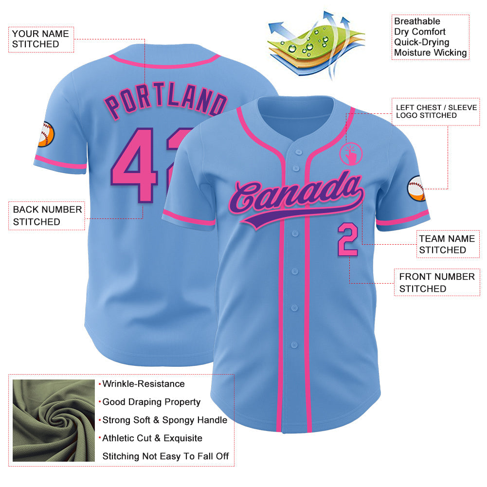 Custom Light Blue Pink-Purple Authentic Baseball Jersey view 3