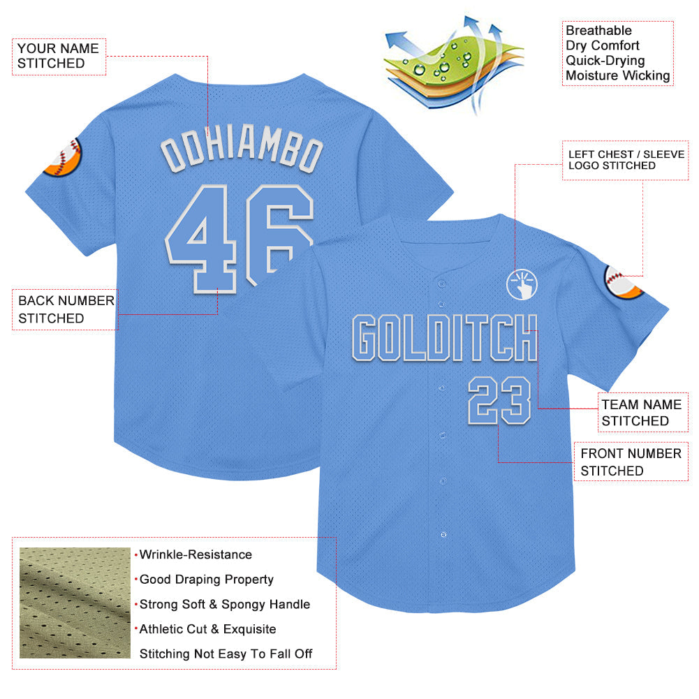 Custom Light Blue White Mesh Authentic Throwback Baseball Jersey view 3