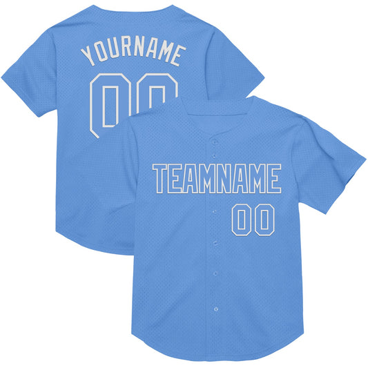 Custom Light Blue White Mesh Authentic Throwback Baseball Jersey - Main View
