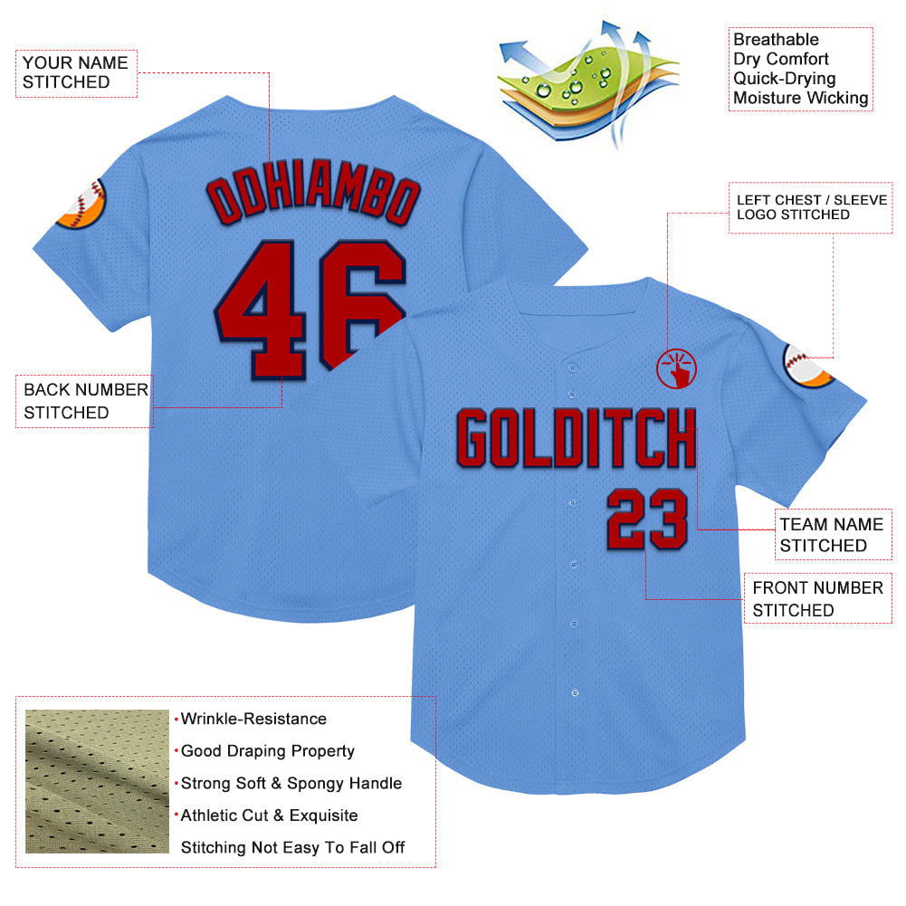 Custom Light Blue Red-Navy Mesh Authentic Throwback Baseball Jersey view 3