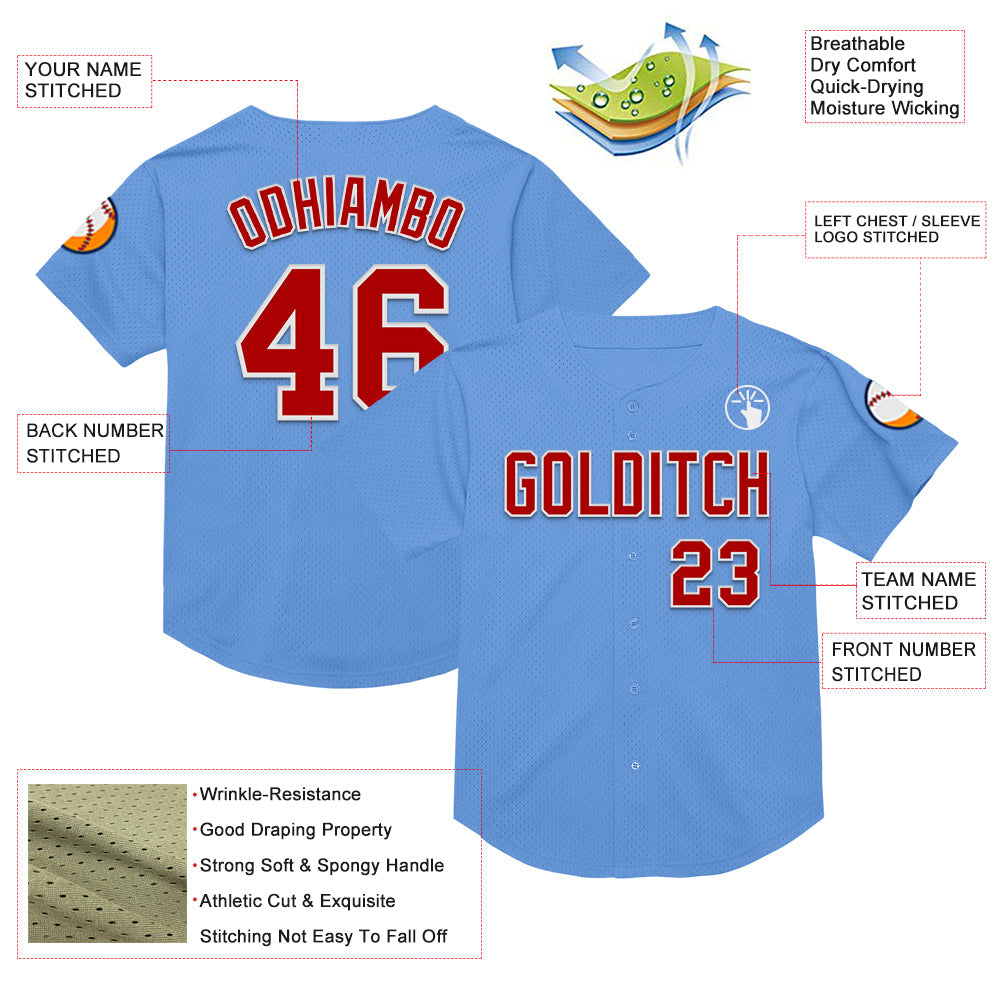 Custom Light Blue Red-White Mesh Authentic Throwback Baseball Jersey view 3