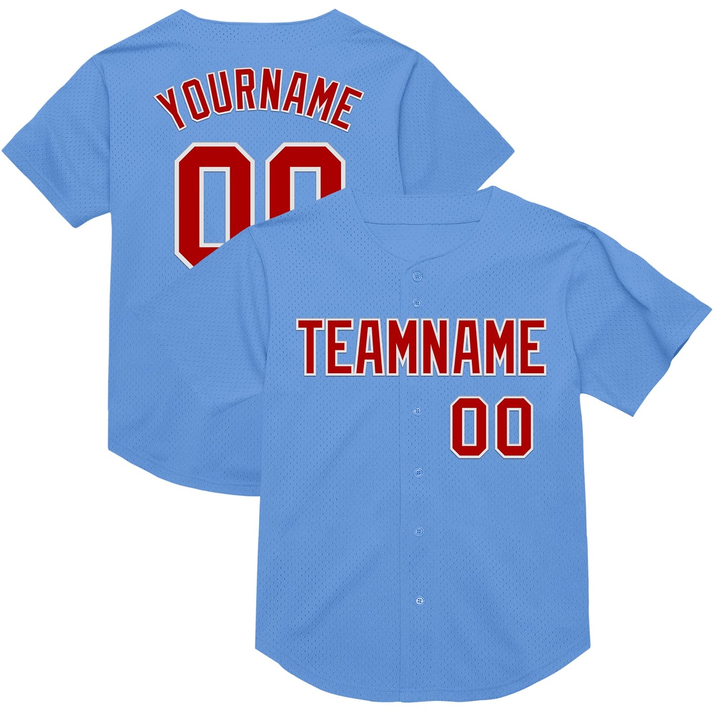 Custom Light Blue Red-White Mesh Authentic Throwback Baseball Jersey - Main View