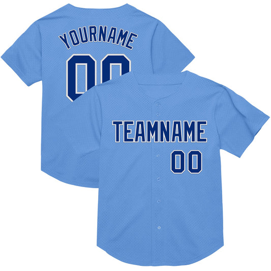 Custom Light Blue Royal-White Mesh Authentic Throwback Baseball Jersey - Main View