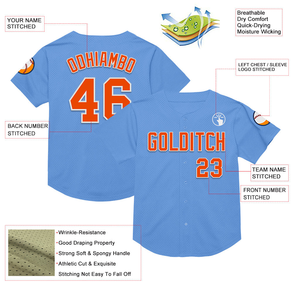 Custom Light Blue Orange-White Mesh Authentic Throwback Baseball Jersey view 3
