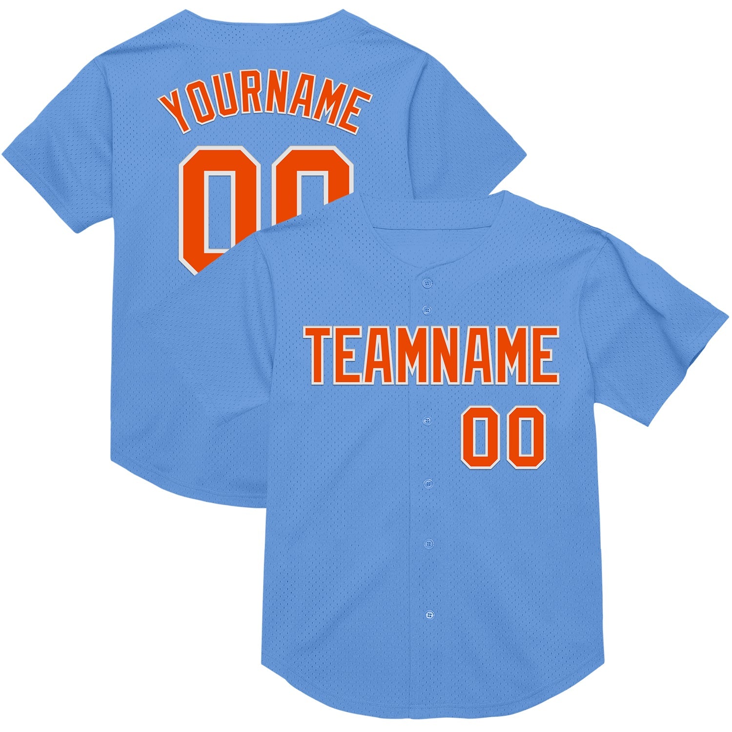 Custom Light Blue Orange-White Mesh Authentic Throwback Baseball Jersey - Main View