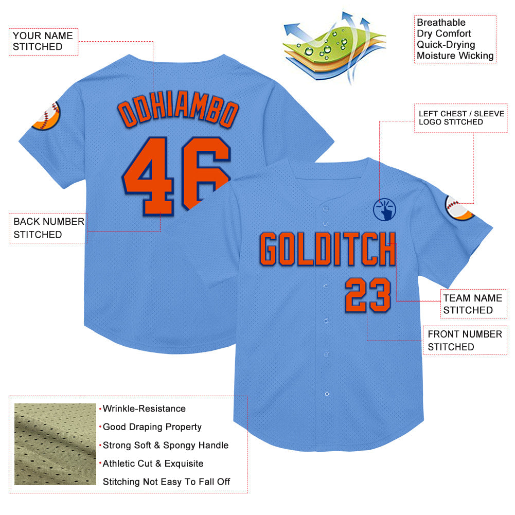 Custom Light Blue Orange-Royal Mesh Authentic Throwback Baseball Jersey view 3