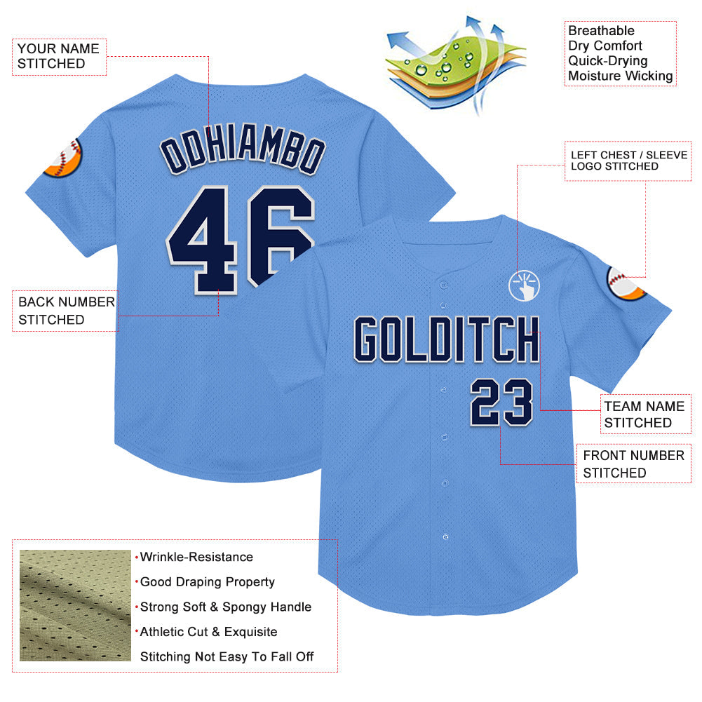 Custom Light Blue Navy-White Mesh Authentic Throwback Baseball Jersey view 3