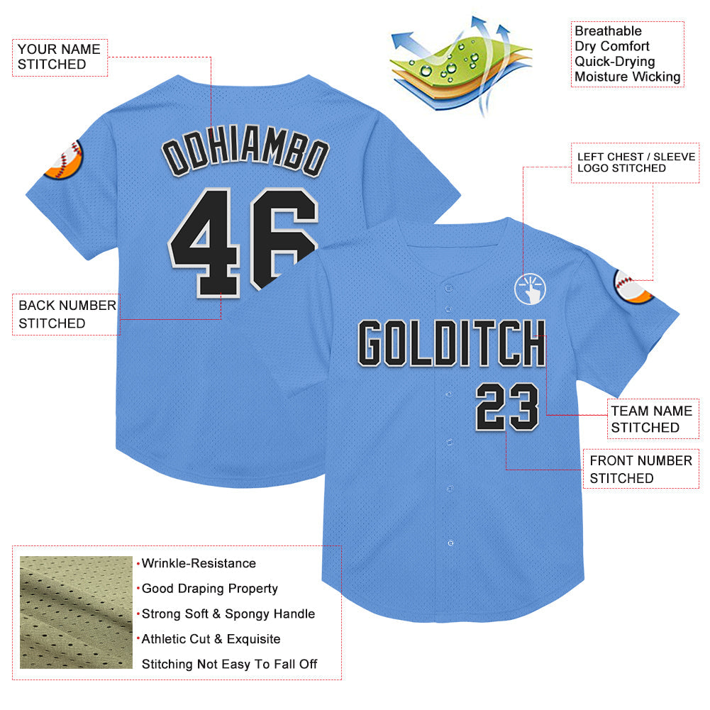 Custom Light Blue Black-White Mesh Authentic Throwback Baseball Jersey view 3