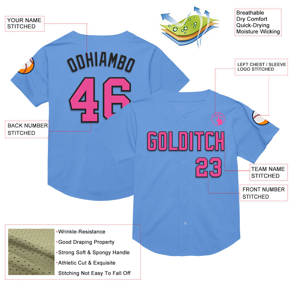 Custom Light Blue Pink-Black Mesh Authentic Throwback Baseball Jersey view 3