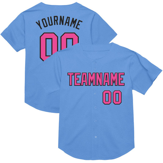 Custom Light Blue Pink-Black Mesh Authentic Throwback Baseball Jersey - Main View