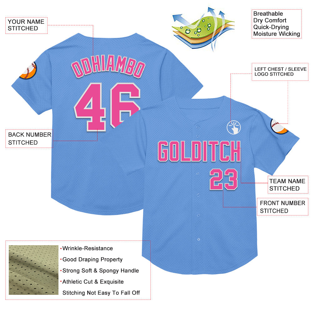 Custom Light Blue Pink-White Mesh Authentic Throwback Baseball Jersey view 3