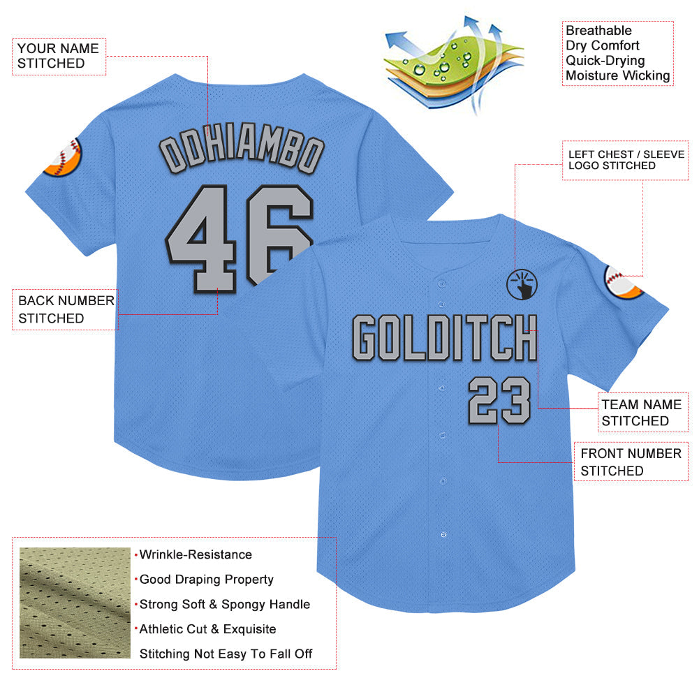 Custom Light Blue Gray-Black Mesh Authentic Throwback Baseball Jersey view 3