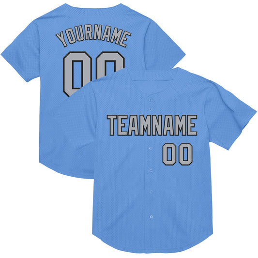 Custom Light Blue Gray-Black Mesh Authentic Throwback Baseball Jersey - Main View