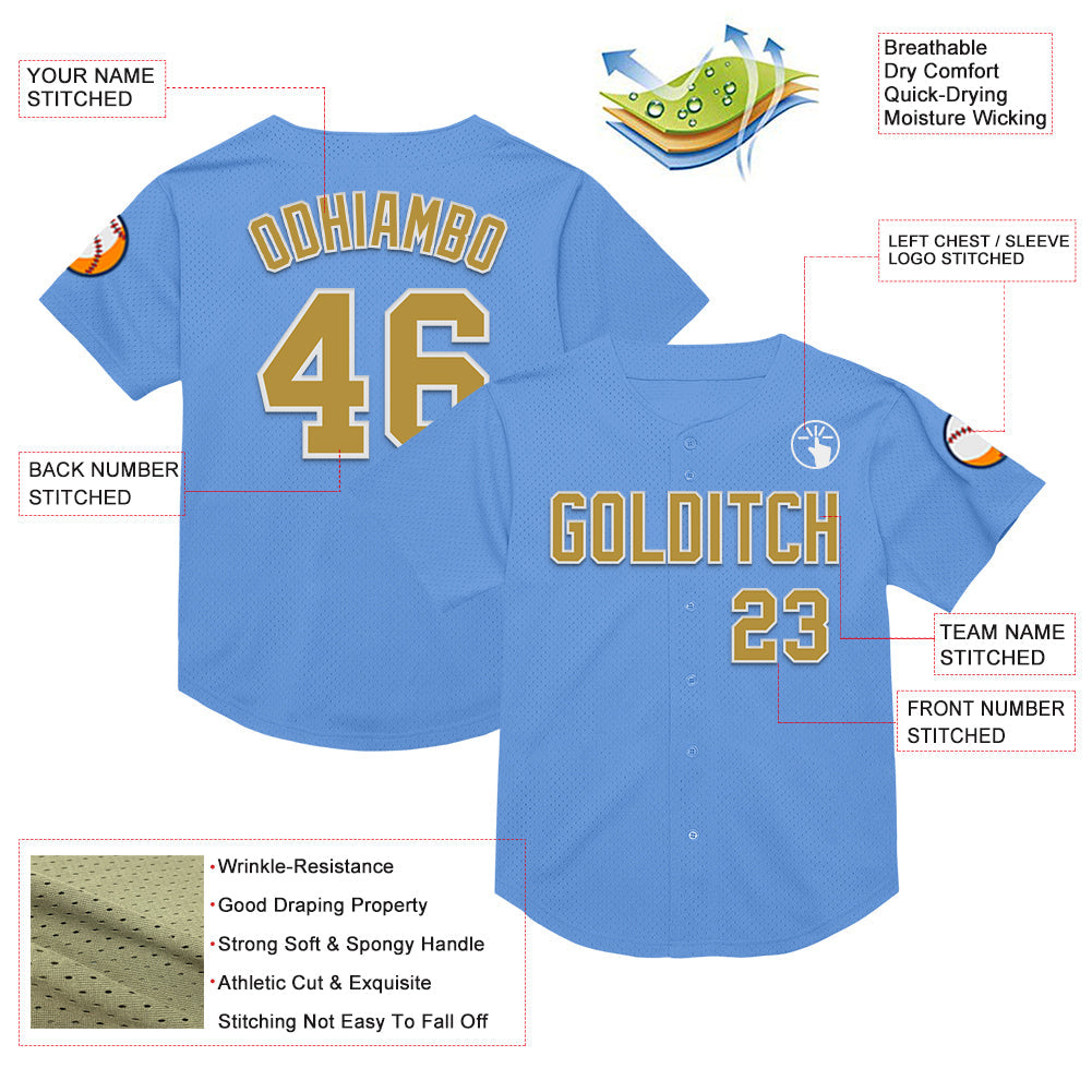 Custom Light Blue Old Gold-White Mesh Authentic Throwback Baseball Jersey view 3