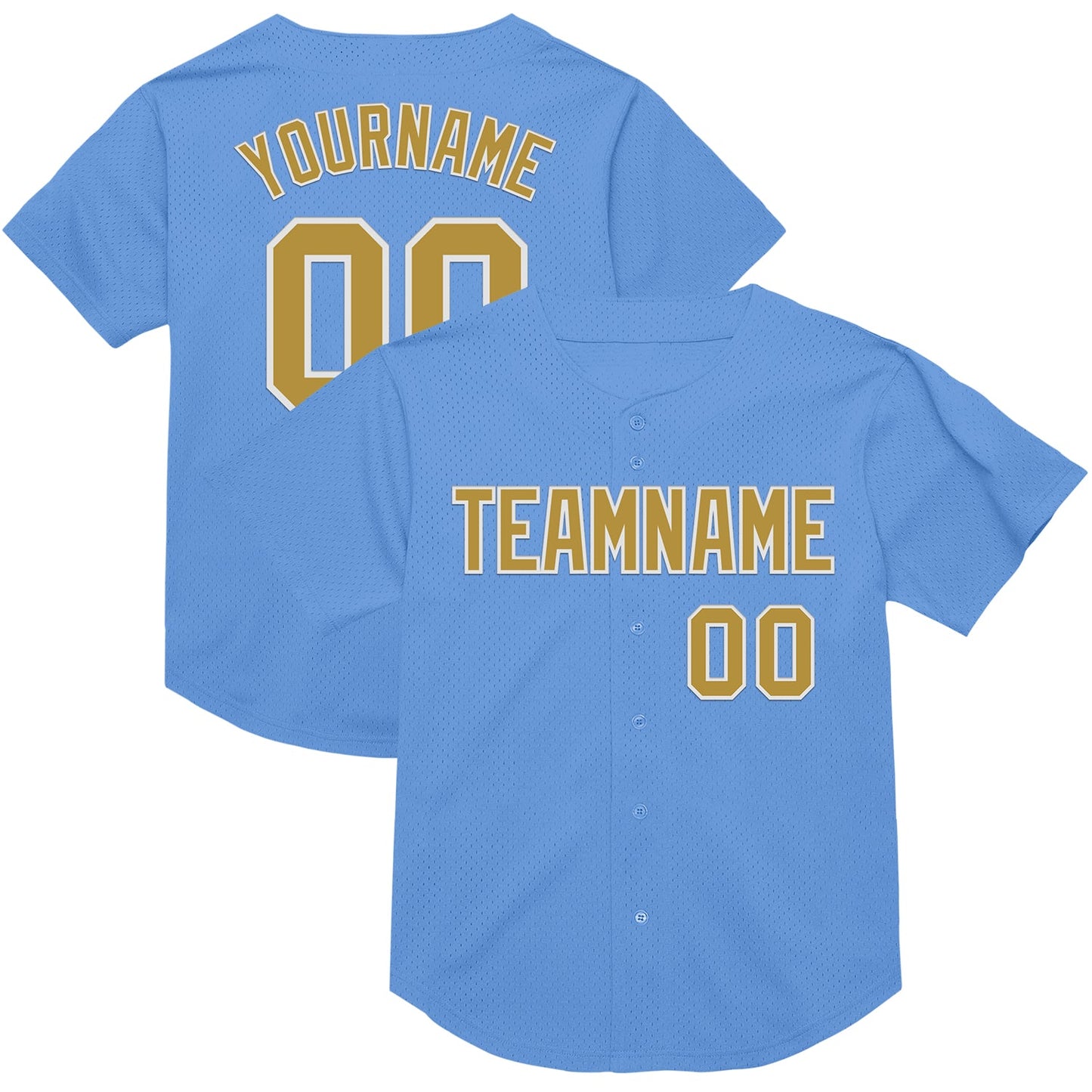 Custom Light Blue Old Gold-White Mesh Authentic Throwback Baseball Jersey - Main View