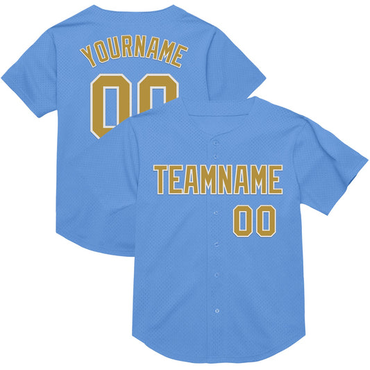 Custom Light Blue Old Gold-White Mesh Authentic Throwback Baseball Jersey - Main View