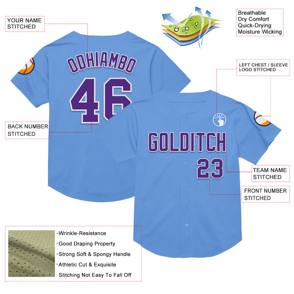 Custom Light Blue Purple-White Mesh Authentic Throwback Baseball Jersey view 3
