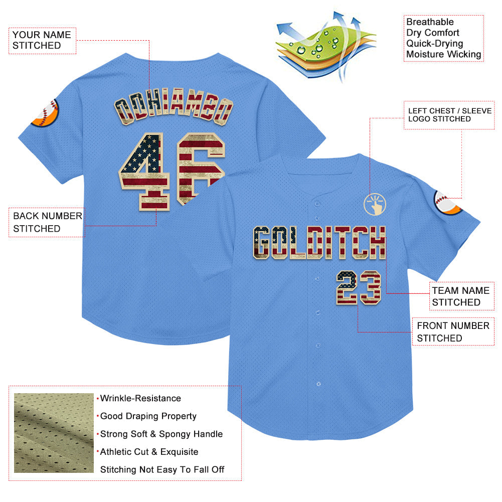 Custom Light Blue Vintage USA Flag-Cream Mesh Authentic Throwback Baseball Jersey view 3