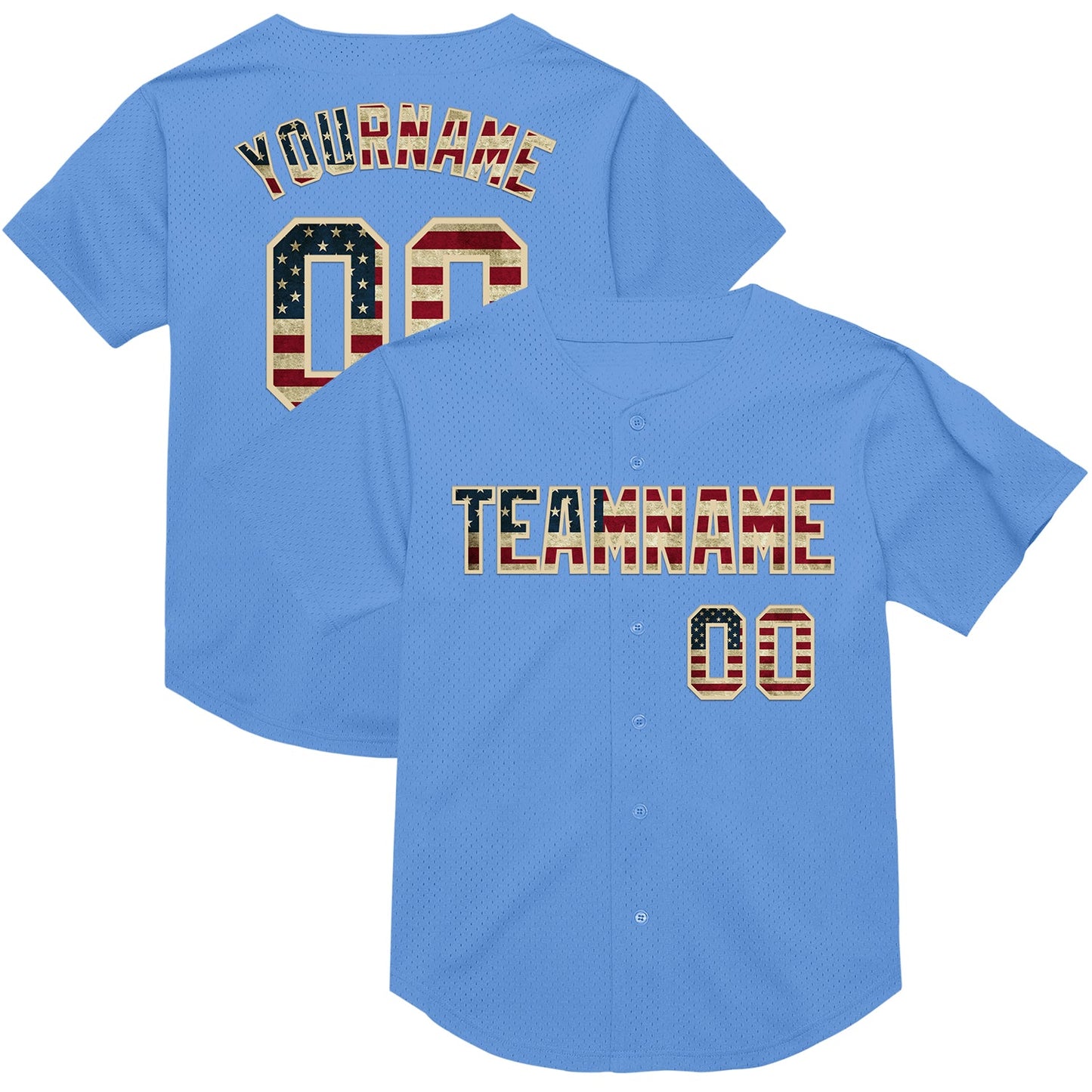 Custom Light Blue Vintage USA Flag-Cream Mesh Authentic Throwback Baseball Jersey - Main View