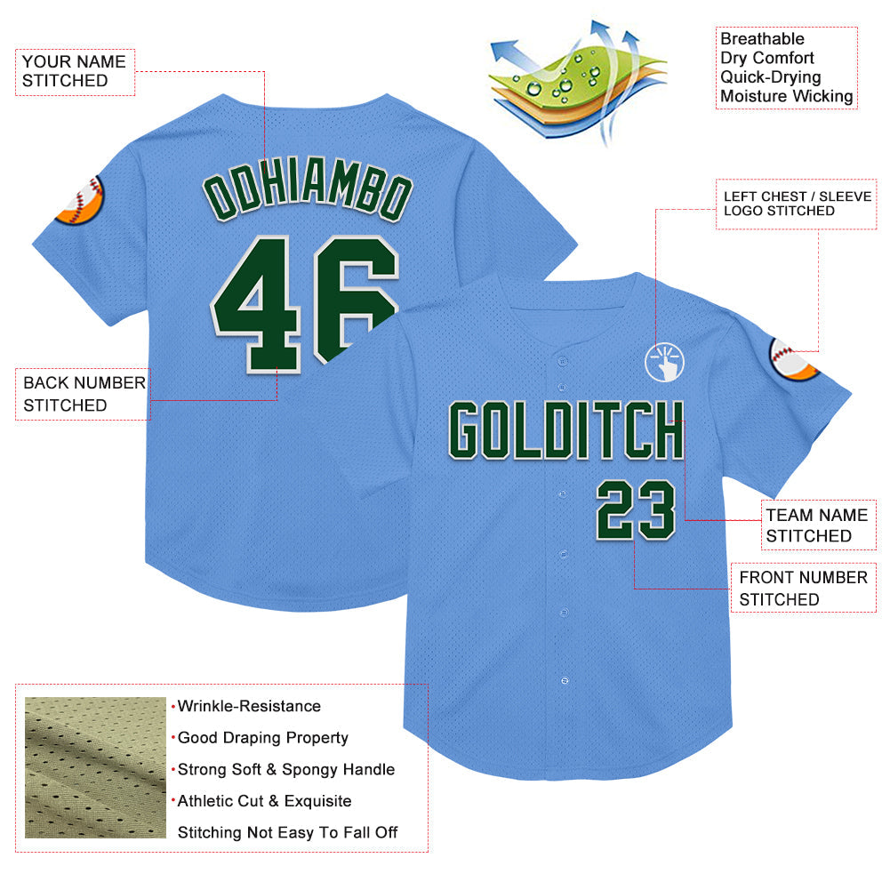 Custom Light Blue Green-White Mesh Authentic Throwback Baseball Jersey view 3