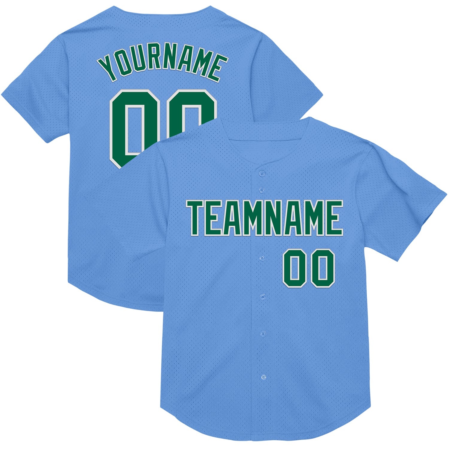 Custom Light Blue Kelly Green-White Mesh Authentic Throwback Baseball Jersey - Main View