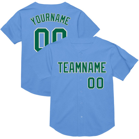 Custom Light Blue Kelly Green-White Mesh Authentic Throwback Baseball Jersey - Main View