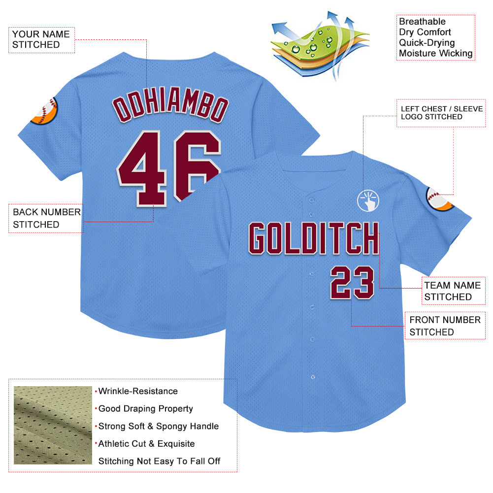 Custom Light Blue Maroon-White Mesh Authentic Throwback Baseball Jersey view 3