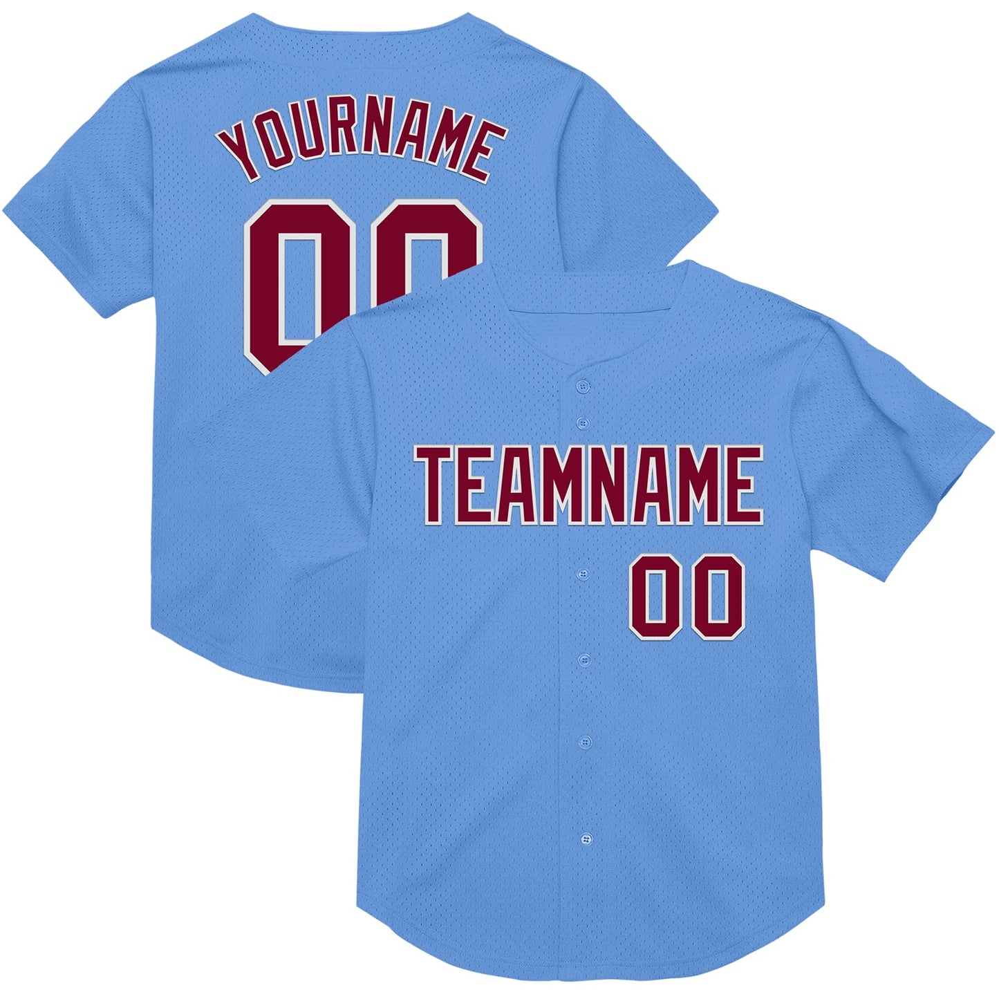 Custom Light Blue Maroon-White Mesh Authentic Throwback Baseball Jersey - Main View