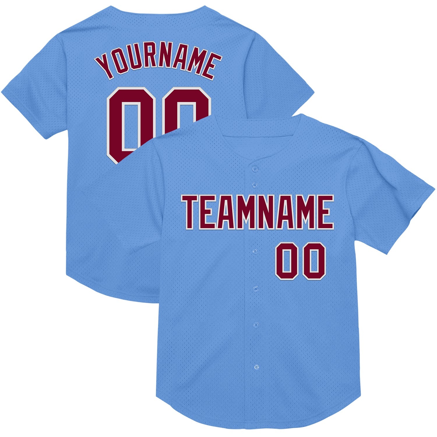 Custom Light Blue Maroon-White Mesh Authentic Throwback Baseball Jersey - Main View
