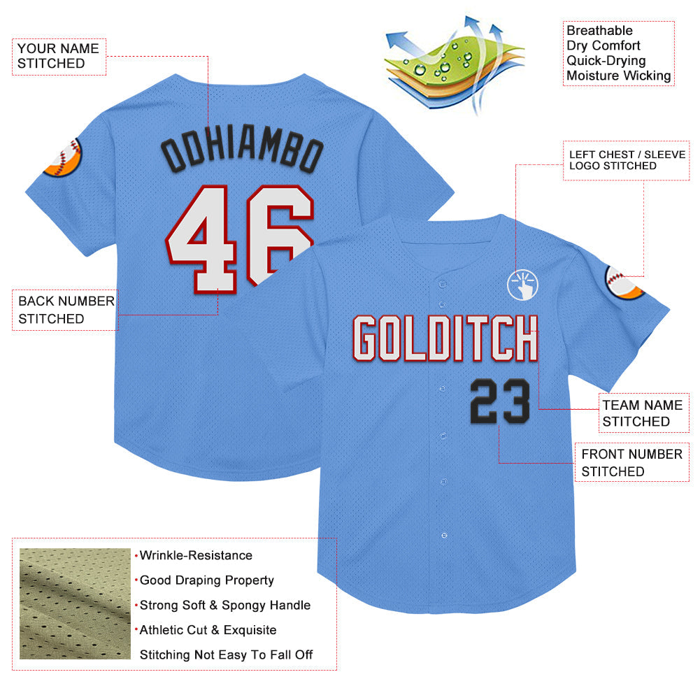 Custom Light Blue Red-Black Mesh Authentic Throwback Baseball Jersey view 3